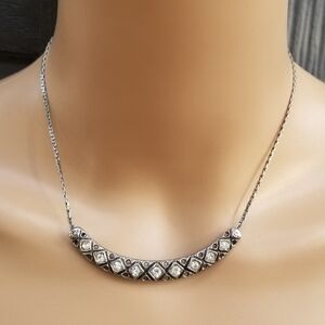GOLDETTE VINTAGE 70s SILVERTONE BAR PENDANT WITH CRYSTALS CHAIN NECKLACE